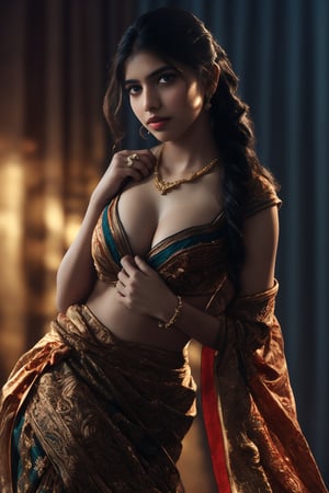 A beautiful Indian girl wearing a traditional saree, draped in a style that reveals navel. The saree is richly colored and adorned with intricate patterns and embroidery, with a matching blouse (choli) that has short sleeves and a deep neckline. The pallu of the saree is gracefully  over her shoulder cover with blouse, , falling softly to one side, while her navel is tastefully visible where the saree is wrapped around her waist. She is adorned with traditional jewelry, including a maang tikka, jhumka earrings, a nose ring, bangles, and anklets. Her skin has a warm tone, and her long, dark hair is styled either in a loose braid or cascading waves. The setting is softly lit, focusing on her elegant pose and the cultural richness of her attire, with warm, natural lighting that enhances the details of the fabric and her jewelry.

cinematic angle, (cinematic shadows, bokeh, depth of field:1.3) , (High detail RAW Photo), (extremely detailed skin, photorealistic, heavy shadow, dramatic and cinematic lighting, key light, fill light), sharp focus, cinematic, imperfect skin, fabrics, textures, detailed face, detailed skin, detailed fingers, NaturalHand2-3500, analog film photo Deep photo,depth of field,ferrania p30 film,shadows, perfect face and body, dimly lit, nervous, harsh camera flash, faded film, desaturated, 35mm photo, grainy, Kodachrome, Lomography, stained, highly detailed, found footage,, (black hair, covered clevage, 
A flapper girl stands poised in a smokey atmosphere, bathed in ethereal light that accentuates her stunning features. Her fair skin glows under cinematic lighting, as she gazes directly into the camera with perfect eyes and a beautiful nose. Her Drill Spring-inspired hairstyle is perfectly coiffed, framing her face, background intricate details and complex patterns that seem to leap off the screen in hyper-maximalist fashion.  with detailed decoration and lines that exude opulence. In stunning HDR and UHD, this unreal engine creation pops with gorgeous light and shadow., matrix,poakl