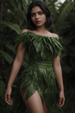 Create a costume with Plantain leaf only leaf no real dress, a beautiful young women in nature dress, real leaf, a girl covered her private parts with Plantain leaf 