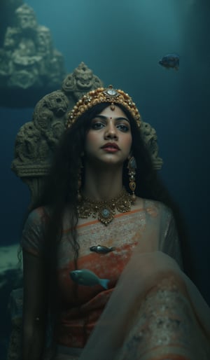 Deep beneath the sea lies a Kerala city submerged for centuries. At the center of this underwater kingdom, a girl with striking, expressive eyes sits on a grand throne carved from coral, her face illuminated by soft beams of light from above. Her facial features are delicate yet regal: high cheekbones, a small, sharp nose, and full lips painted with a hint of coral red. Her traditional Kerala saree, shimmering with silver and gold accents, drifts gently in the water, as her long, flowing hair cascades down her shoulders like dark waves. She wears a crown made of seashells and pearls, and her jewelry glimmers in the dim light. Surrounding her are the remnants of Kerala architecture, overtaken by marine plants, while schools of fish and sea turtles glide past, adding life to the ancient ruins.
A sprawling Kerala city lost to the ocean, its once-bustling streets and grand palaces now silent and submerged. The city’s architecture, with its iconic tiled roofs and wooden structures, is still recognizable, though covered in coral, barnacles, and sea plants. Large stone temples, adorned with elaborate sculptures of deities, stand partially collapsed,

cinematic angle, (cinematic shadows, bokeh, depth of field:1.3) , (High detail RAW Photo), (extremely detailed skin, photorealistic, heavy shadow, dramatic and cinematic lighting, key light, fill light), sharp focus, cinematic, imperfect skin, fabrics, textures, detailed face, detailed skin, detailed fingers, NaturalHand2-3500, analog film photo Deep photo,depth of field,ferrania p30 film,shadows, perfect face and body, dimly lit,  The background is a masterpiece of art deco design, with intricate details and complex patterns that seem to leap off the screen in hyper-maximalist fashion. The subject's full-body is dressed in elaborate attire, with detailed decoration and lines that exude opulence. In stunning HDR and UHD, this unreal engine creation pops with gorgeous light and shadow.,
