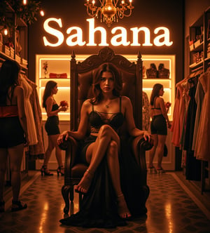 create me something beautiful, sexy, A beautiful woman, dressed in high fashion, sits on a throne in a luxurious boutique shop, surrounded by perfect cinematic lighting. Behind her, the shop's name "sahana" is displayed in oversized glowing letters, commanding attention. Girls in the background casually explore the dresses on display. The scene highlights both the elegance of the boutique and the glowing, bold shop name.,Enhanced all