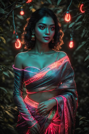 Portrait of a mystical fantasy bioluminescent neon woman. Glamorous fashionable lady. Glowing, Glowing color,Glowing skin dots,  high resolution 8k image quality,photorealistic,Saree ,NeonST2