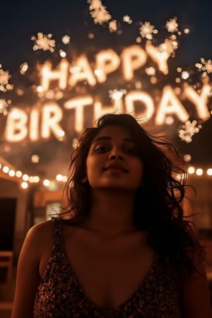 A beautiful 23-year-old birthday girl, standing outdoors under the night sky, looking directly at the camera, fireworks exploding in the sky, spelling out "Happy Birthday" in bright letters, shot on an ARRI Alexa XT cinematic camera, ultra-high-definition, soft lighting highlighting her face and features, joyful expression, cinematic atmosphere, vibrant colors from the fireworks reflecting on her, detailed textures and perfect lighting for a dramatic and celebratory scene.,Size 32 25 34,23 yo women,Mallu.,23 yo women 