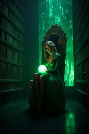 1girl, HKMagic, A beautiful fairy wearing black sheer pantyhose,  with glowing wings is sitting in crystalz throne in magic library as she looks at big green orb of magic and spells. She has detailed facial features and there is a glowing green light in the background with cinematic lighting, fairycore, hkmagic, masterpiece, best quality, highly detailed, sharp focus, dynamic lighting, no shoes, black pantyhose, full body shot