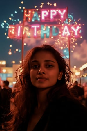 Cinematic shot of a beautiful 23-year-old birthday girl, looking into the camera, fireworks in the sky spelling "Happy Birthday" in colorful letters, shot with ARRI Alexa XT, ultra-realistic, high-definition details, soft lighting highlighting her features, joyful and celebratory expression, fireworks and vibrant colors lighting up the sky, detailed textures on skin and hair, perfect for a dramatic birthday scene, full of celebration.
