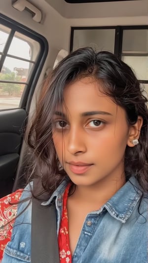 beautiful cute young attractive indian teenage girl, village girl, 18 years old, cute, medium black_hair, colorful hair, warm, dreass, in a car, full boddy, bangladesh,Size 32 25 34