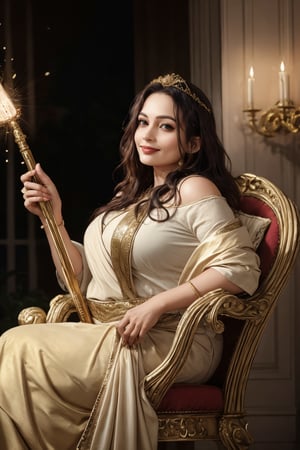 A sumptuous portrait of a 38-year-old woman with a robust figure, inspired by traditional mythological goddesses. She sits majestically on a velvet throne, adorned in flowing golden robes, her dark hair cascading down her back like a waterfall. Soft, warm lighting illuminates her plump features, accentuating her full lips and radiant smile. A gleaming golden tiara rests atop her curly locks, as she confidently holds a symbolic staff, exuding power and femininity.,38 years old plump women