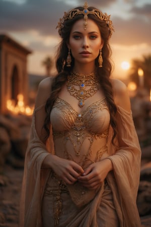 Real photography, cinematic, A beautiful priestess of ancient Mesopotamia looking at the viewer, adorned in a flowing linen gown with intricate gold and lapis lazuli jewelry, stands before ancient mesopotamian buildings at dusk. Her long, dark hair is braided with golden threads, and she holds a clay tablet inscribed with cuneiform symbols.  Torches flicker in the warm desert breeze. The sky glows with the setting sun, casting a deep orange hue over the landscape and illuminating the fertile crescent below. Palm trees sway in the distance
