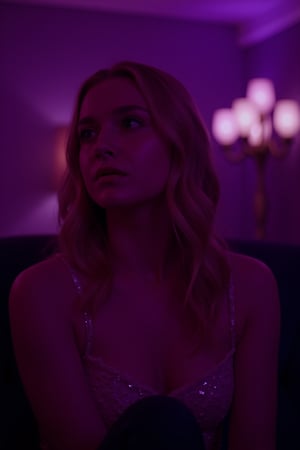 cinematic, A young woman with blonde hair sits in a dimly lit room, illuminated by soft purple and pink lighting. She gazes thoughtfully into the distance, with a bokeh of lights in the background, creating an intimate and contemplative atmosphere., film grain, Short telephoto focal length, shot on ALEXA 65