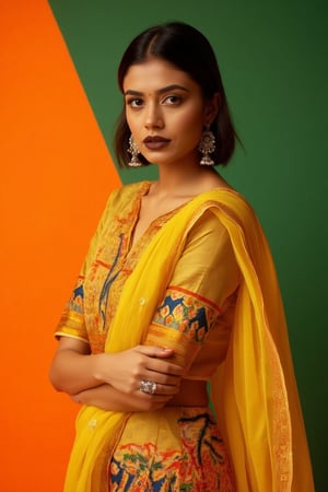 a woman dressed in a traditional Indian outfit stands in front of a vibrant orange backdrop. The woman's outfit is adorned with a yellow blouse, adorned with blue, red, and orange accents. She is wearing a pair of silver earrings, and a ring on her finger. Her hair is styled in a sleek bob, and her eyes are focused on the camera. She has a serious expression on her face, and she is wearing black lipstick. Her left hand is draped over her right shoulder, adding a touch of contrast to her outfit. The backdrop is a combination of green and orange, creating a striking contrast to the woman's body.,Payal