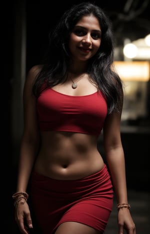 1girl, solo, long hair, looking at viewer, smile, black hair, dress, jewelry, standing, necklace, blurry, Red dress, bracelet, realistic, 28 years old, dark skin , dim light, drak atmosphere, low light , Midriff , plumb, curvy_figure 