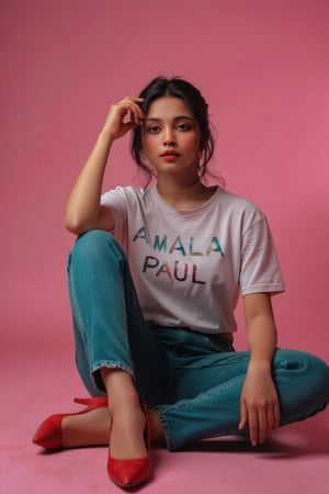 wide and low angle, cinematic, fashion photography. xamala sitting on floor wearing a full size light white t-shirt with big letters \"Amala Paul\" , teal jeans, nice red high heels and a gracious look on her face. The background is a color gradient, her face is lit with cool white light,  studio setting   <lora:xamala-flux-lora:1