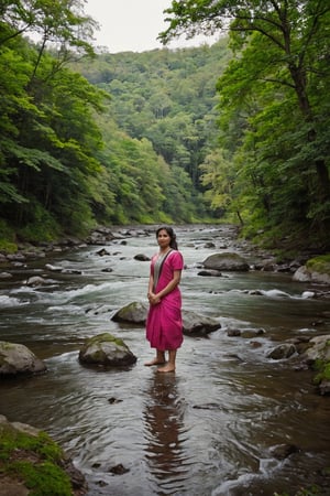 masterpiece, best quality, ultra-detailed, solo, forest, rocks, river, wood, smoke,clear sky, fujifilms , cinematic colour grading, analog style (look at viewer:1.2) (skin texture)  1mallugirl,1 girl,Mallugirl,1mallu girl,1girl