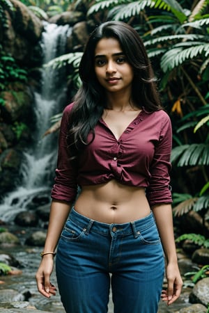 1girl, Kerala beautiful women 30 years old, solo, long hair, brown hair, shirt, navel, outdoors, midriff, pants, sandals, denim, jeans,  photo background,Tamil girl
