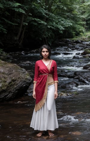 The task is to annotate the image by identifying and describing its content using natural language. The image contains a woman standing in a natural setting, which includes a stream and rocks. She is dressed in traditional attire with a red blouse and a white skirt, adorned with gold detailing. Her pose and the serene environment suggest a connection with nature and possibly a cultural or personal significance to the attire and setting. 