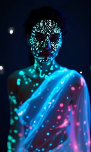 A mystical, close-up photo of an alien woman with a bioluminescent glow. Her midriff is exposed, revealing glowing skin with symmetrical neon lines that trace intricate patterns across her face and body. The skin emits a soft, otherworldly light, giving her a mesmerizing appearance. Her face is adorned with glowing dots, arranged in a symmetrical pattern that highlights her ethereal beauty.

She is wearing a neon saree that also glows with vibrant colors, blending seamlessly with the bioluminescent tones of her skin. Light particles float around her, adding to the mystical aura, while glowing spots and dots on her body create a radiant, enchanting effect. The close-up focus on her face emphasizes her luminous features, with every detail of the glowing patterns and lines captured in stunning detail.
