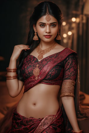 A beautiful Indian 26yo  girl wearing a traditional saree, draped in a style that reveals navel. Turtle neck blouse:2, The saree is richly colored and adorned with intricate patterns and embroidery, with a matching blouse (choli) that has short sleeves and a deep neckline. The pallu of the saree is gracefully  over her shoulder cover with blouse, , falling softly to one side, while her navel is tastefully visible where the saree is wrapped around her waist. She is adorned with traditional jewelry, including a maang tikka, jhumka earrings, a nose ring, bangles, and anklets. Her skin has a warm tone, and her long, dark hair is styled either in a loose braid or cascading waves. The setting is softly lit, focusing on her elegant pose and the cultural richness of her attire, with warm, natural lighting that enhances the details of the fabric and her jewelry.

cinematic angle, (cinematic shadows, bokeh, depth of field:1.3) , (High detail RAW Photo), (extremely detailed skin, photorealistic, heavy shadow, dramatic and cinematic lighting, key light, fill light), sharp focus, cinematic, imperfect skin, fabrics, textures, detailed face, detailed skin, detailed fingers, NaturalHand2-3500, analog film photo Deep photo,depth of field,ferrania p30 film,shadows, perfect face and body, dimly lit, nervous, harsh camera flash, faded film, desaturated, 35mm photo, grainy, Kodachrome, Lomography, stained, highly detailed, found footage,, (black hair, covered cleavage, 
A flapper girl stands poised in a smokey atmosphere, bathed in ethereal light that accentuates her stunning features. Her fair skin glows under cinematic lighting, as she gazes directly into the camera with perfect eyes and a beautiful nose. Her Drill Spring-inspired hairstyle is perfectly coiffed, framing her face, background intricate details and complex patterns that seem to leap off the screen in hyper-maximalist fashion.  with detailed decoration and lines that exude opulence. In stunning HDR and UHD, this unreal engine creation pops with gorgeous light and shadow., matrix,poakl, 5 fingers on each hands,better_hands