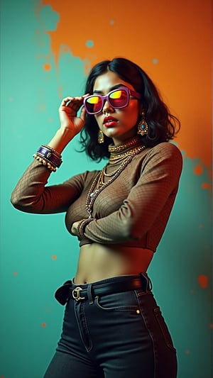 A stylish Mallu girl with a curvy, sexy figure poses confidently in a modern, non-traditional outfit adorned with traditional ornaments. She wears oversized, colorful sunglasses and a bold, patterned turtleneck that stands out against a teal and orange background, graded with cinematic color tones. The scene captures a complex, action-oriented pose reminiscent of cyberpunk themes from Blade Runner and The Matrix, set in a highly stylized, photorealistic CGI environment. The abstract, textured background adds a pop art flair with bold, vibrant colors, enhancing the modern, high-quality 32K masterpiece. Studio lighting accentuates every detail, bringing a mix of traditional elements and futuristic vibes together in this dynamic composition, 

bad quality, worst quality, text, signature, watermark, extra limbs, low resolution, partially rendered objects, deformed or partially rendered eyes, deformed, deformed eyeballs, cross-eyed, blurry,Payal