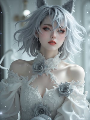 Silver perm hair, 27 year old Finnish girl, porcelain pale skin, subtle light, glossy red lips, delicate grey eyes with long white eyelashes, intense gaze, glowing pupils match her dress, which is completed by a gorgeous white silk costume decorated with an intricate grey rose pattern. A deep V-neck adds to the dramatic mood, and mysterious sparkling white particles float around, creating a magical atmosphere. The pure white wall with light shows the meticulous attention to detail, with every hair and dress's ornate decorations depicted in high definition in this highly realistic photograph. (Photorealistic: 1.4), (Masterpiece, Illustration-realistic: 1.1),Cosplay 