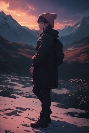 (4k), (masterpiece), (best quality),(extremely intricate), (realistic), (sharp focus), (cinematic lighting), (extremely detailed),

A young adult girl with long cosmic purple hair.
The girl has a look of pure contentment on her face. 
She is happy and relaxed, and she is enjoying her time.

A meadow on a snow covered mountaintop overlooking a breathtaking valley. The sky is clear blue, and the air is fresh and crisp. The young woman is watching the clouds drift by. She feels at peace with the world, and she is grateful for the beauty that surrounds her. 

She is wearing a pair of yoga pants and a loose-fitting top,
a pair of hiking boots and a beanie.

,flower4rmor
,cloud,neotech,blurry_light_background,DonM4lbum1n,DonMChr0m4t3rr4 ,Detailedface,Pixel art,photorealistic,ghibli style,girl,midjourney,sunset_scenery_background,	 SILHOUETTE LIGHT PARTICLES,fantasy00d