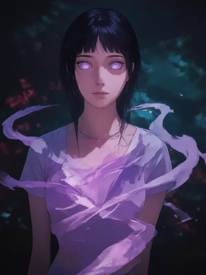 A lifelike cinematic image of Hyuga Hinata in a traditional saree, rendered with stunning detail. Her pale eyes glow softly as purple chakra flows from her body, swirling gently around her. The shot, captured on an ARRI Alexa XT camera, is illuminated by teal and red lighting, creating a striking visual effect. The teal light highlights her traditional attire, while the red light casts a dramatic glow on her face. The chakra energy enhances the mystical atmosphere, making the scene feel powerful and serene at the same time.
