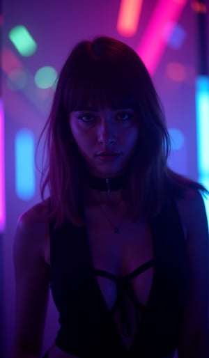 A cyberpunk women, realistic, details and enhanced image, beautiful,The atmosphere is fun and inviting, featuring colors like black, blue, dark blue, dark purple, gray, light green, purple, and orange. Neon lights in pink, blue, and green illuminate the space, creating a bokeh and Depth of Fieldeffect. The focus is on the girl from the torso to the head, captured in a cinematic style with a Sony A7R IV full-frame camera