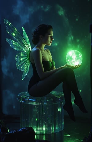 1girl, HKMagic, A beautiful fairy wearing black sheer pantyhose,  with glowing wings is sitting in crystalz throne in magic library as she looks at big green orb of magic and spells. She has detailed facial features and there is a glowing green light in the background with cinematic lighting, fairycore, hkmagic, masterpiece, best quality, highly detailed, sharp focus, dynamic lighting, no shoes, black pantyhose, full body shot,Details,Skin texture 