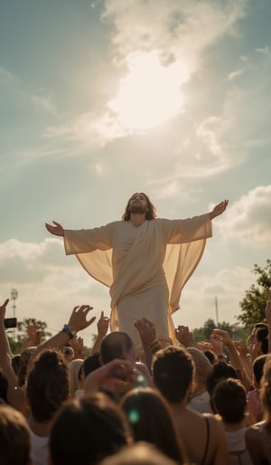 A sun-drenched sky frames the ecstatic scene as hundreds gather to witness Girl Christ's ascension. Wearing mideastern garb of the  times of Girl. Tears of joy stream down faces upturned in awe, as the resurrected Savior rises into the heavens, his radiant form aglow with divine light. The atmosphere is electric with emotion, as the crowd stretches out hands in worship, their voices lifted in praise and thanksgiving.