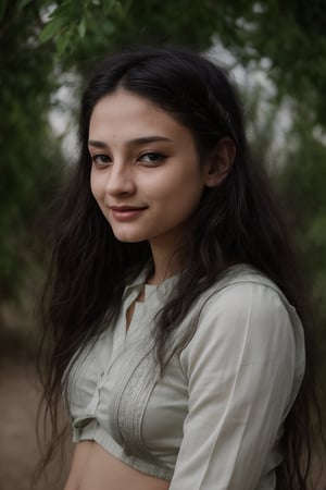 A 15-year-old girl with long brown hair and bright green eyes stands confidently outdoors, her skin glistening from the sunlight. She wears short hot pants and a subtle upper, her lips curled into a gentle smile as she gazes directly at the viewer. A delicate flower adorns her navel, its petals slightly blurred by the camera's focus on her captivating gaze. Her brown hair blows gently in the wind, framing her freckled nose. In the background, a slender branch reaches out, almost touching her shoulder. A slim-fit energy light particle mecha hovers near her head, its sparks and particles dancing around her in shimmering harmony.