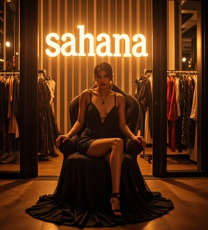 create me something beautiful, sexy, A beautiful woman, dressed in high fashion, sits on a throne in a luxurious boutique shop, surrounded by perfect cinematic lighting. Behind her, the shop's name "sahana" is displayed in oversized glowing letters, commanding attention. Girls in the background casually explore the dresses on display. The scene highlights both the elegance of the boutique and the glowing, bold shop name.,Enhanced all