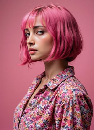 A striking abstract fashion shoot featuring a beautiful pink supermodel with a straight pink bob hairstyle in sexy obscure clothes, obscure locations, obscure poses, obscure make up