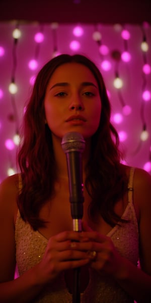 cinematic, A woman stands in front of a microphone under soft, warm lighting, with a reflective backdrop of pink lights behind her. Her expression is calm and introspective, creating a quiet and intimate atmosphere, as if she’s performing or about to speak, film grain, Short telephoto focal length, shot on ALEXA 65, calm and introspective, creating a quiet and intimate atmosphere, as if she’s performing or about to speak, film grain, Short telephoto focal length, shot on ALEXA 65