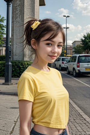 masterpiece, best quality, 1girl, solo,  ponytail, t-shirt, head to waist bodyshot, happy, outdoors, street, lamppost, hair bow, (pretty girl:1.2), realistic, raw photo, low key, illustration, small eyes, (yellow brown hair:1.3),photorealistic, 21 years old female, ,HKFace