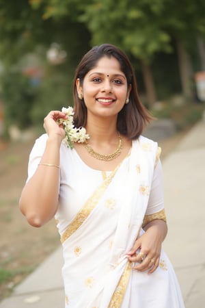 a woman dressed in a white saree adorned with gold bands and a gold necklace. She is adorned with a gold ring, earrings, and a garland of white flowers. Her hair is styled in a sleek bob, and she is smiling. The saree is draped over her left shoulder, adding a touch of contrast to her outfit. The backdrop is blurred, suggesting a natural setting.,Payal,Mallu beauty 