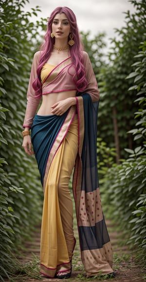 Saree, 1girl, solo, yellow saree, long hair:2, pink hair, multiple colours hair, blue hair, Red hair, long sleeves, dress, jewelry, earrings, garden, flower, outdoor, 👠 , shoes:2, realistic, This breathtaking photograph, shot on a Canon 1DX with a 50 mm f/2.8 lens, beautifully showcases the raw and authentic beauty of life. high resolution 8k image quality, saree ,sari,CyberpunkWorld,Indian,<lora:659111690174031528:1.0>