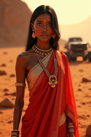 Mars Explorer in Traditional Attire
"A stunning Indian woman stands on the red, rocky surface of Mars, blending elements of her cultural heritage with futuristic technology. She wears a sleek, saree, with glowing neon accents, customized to reflect traditional Indian motifs, such as intricate gold patterns and a sari-like drape over her shoulder. Rover bihind Her,  revealing a radiant face with sharp, determined eyes. The harsh Martian environment contrasts with her beauty, while the backdrop features the dusty Martian landscape, distant planets, and a futuristic space colony on the horizon. The lighting is dramatic, with warm tones highlighting the red sands of Mars, creating a powerful, cinematic scene captured in ultra-realistic photography.",Futuristic 