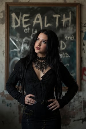 A photo of a 25-year-old Jenna Ortega portraying Wednesday Addams in a gritty background with a grunge graffiti wall. She has expressive eyes and a sultry attitude. The image has a pictorialist style with a dystopian, grim dark, and goth vibe. The background is a grungy graffiti wall with the text "Death is not the end". The lighting is chiaroscuro with high contrast. The overall image has a surrealism element.