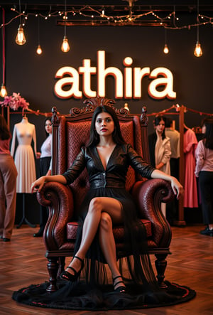 create me something beautiful, sexy, A beautiful woman, dressed in high fashion, sits on a throne in a luxurious boutique shop, surrounded by perfect cinematic lighting. Behind her, the shop's name "athira" is displayed in oversized glowing letters, commanding attention. Girls in the background casually explore the dresses on display. The scene highlights both the elegance of the boutique and the glowing, bold shop name.,Enhanced all,madona Sebastian 