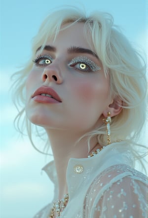 , albino Billie Eilish woman with glowing eyes and hair in white gold jewelry, light painting, futuristic digital, realistic sci-fi, lights, gold filigree, silver lashes, diamond, ethereal, misty, holographic, white sky on background,glitter