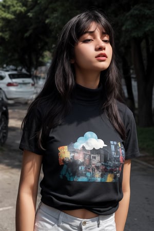 illustraion, aesthetically pleasing, 1girl, solo, slim, black hair, long hair, bangs, black eyes, closed mouth, cloud shirt, short sleeves, turtleneck, upper body, standing up, realistic background, 18 years old girl, mallu,  messy hair,  colorful_hair, longhair, on street, 