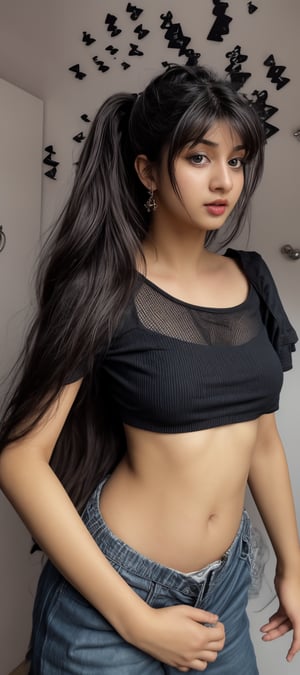 1girl, solo, long hair, black hair, twintails, jewelry, earrings, lips, realistic, navel, beautiful Indian girl, 18 years old girl,tongnue_out