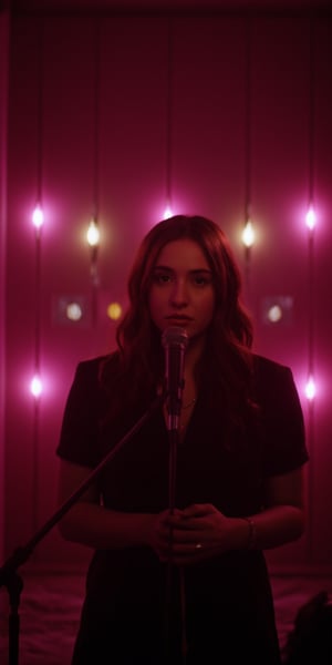 cinematic, A woman stands in front of a microphone under soft, warm lighting, with a reflective backdrop of pink lights behind her. Her expression is calm and introspective, creating a quiet and intimate atmosphere, as if she’s performing or about to speak, film grain, Short telephoto focal length, shot on ALEXA 65, calm and introspective, creating a quiet and intimate atmosphere, as if she’s performing or about to speak, film grain, Short telephoto focal length, shot on ALEXA 65