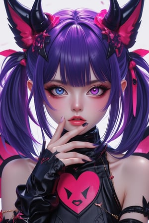 1girl, solo, looking at viewer, blue eyes, twintails, purple eyes, purple hair, heart, wings, horns