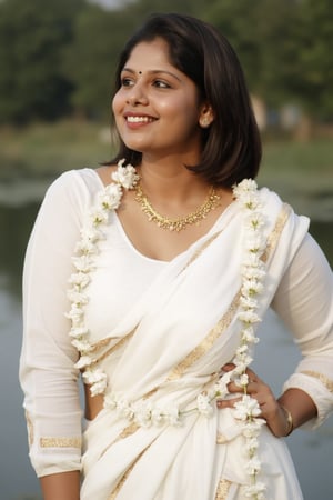 a woman dressed in a white saree adorned with gold bands and a gold necklace. She is adorned with a gold ring, earrings, and a garland of white flowers. Her hair is styled in a sleek bob, and she is smiling. The saree is draped over her left shoulder, adding a touch of contrast to her outfit. The backdrop is blurred, suggesting a natural setting.,Payal,Mallu beauty 