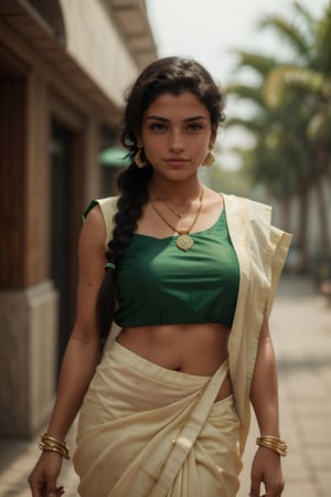 1girl, solo, long hair, smile, black hair, hair ornament, dress, jewelry, standing, braid, earrings, outdoors, day, dark skin, necklace, blurry, bracelet, dark-skinned female, cosplay, single braid, blurry background, realistic, green  blouse, white saree, photo background,Reshmi nair 