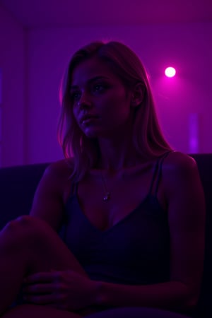 cinematic, A young woman with blonde hair sits in a dimly lit room, illuminated by soft purple and pink lighting. She gazes thoughtfully into the distance, with a bokeh of lights in the background, creating an intimate and contemplative atmosphere., film grain, Short telephoto focal length, shot on ALEXA 65