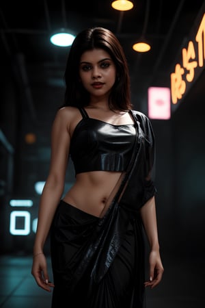 Close-up shot of a stunning woman in a sleek black saree, , her long legs and toned arms glistening under Tron-like neon lights. The camera spins around her, capturing the vibrant Matrix-inspired color palette, with electric blues and fiery oranges dancing across her features. She's posed confidently, one leg bent at an angle, hand on hip, as if ready to take on the virtual world.