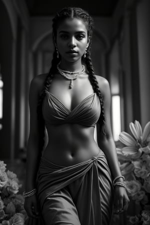In a flower grand setting, a 28-year-old woman with braided hair stands solo-focused in front view, her stunning saree flowing from her navel. The camera captures the sultry shot as she confidently showcases her curvy figure. Her braided hair tail fall down to hip,  A pearl necklace adorns her neck, complemented by dangling earrings and a bracelet that catches the light. Her lips pout slightly, drawing attention to her captivating eyes like perfect pearls, gazing directly at us with an inviting intensity.