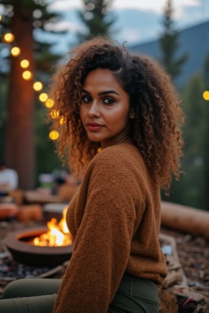 Generate an image of a stunning 38-year-old women, blending Black and Spanish heritage. She has fluffy curly golden brown hair, Type 4 hair, lush and vibrant, falling in loose waves down her back.

Setting:
- Outdoor: A serene mountain campsite at dusk, mountain view
- Soft, warm lighting with subtle shadows and twinkling string lights
- Tall trees surrounding a cozy clearing, with a crackling campfire and rustic wooden benches
- Camping gear and equipment subtly integrated into the scene

Physical Description:
- Fair skin with a subtle, sun-kissed glow
- Bright, expressive hazel eyes
- olive, dark Italian skin

Outfit:
- Comfortable, green earth-toned camping shirt (flannel or fleece)
- Practical hiking pants or leggings
- Warm, cozy cardigan 
- Sturdy hiking boots

Style:
-Effortless, coastal chic
- Confident, carefree, innocent pose

Mood:
- Serene, joyful, and radiant
- Capturing the essence of a relaxed summer afternoon
Inspired by singer Tyla's vibrant energy and style, create a breathtaking image that embodies beauty, elegance, and a laid-back coastal vibe.