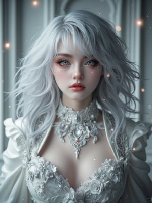 Silver perm hair, 27 year old Finnish girl, porcelain pale skin, subtle light, glossy red lips, delicate grey eyes with long white eyelashes, intense gaze, glowing pupils match her dress, which is completed by a gorgeous white silk costume decorated with an intricate grey rose pattern. A deep V-neck adds to the dramatic mood, and mysterious sparkling white particles float around, creating a magical atmosphere. The pure white wall with light shows the meticulous attention to detail, with every hair and dress's ornate decorations depicted in high definition in this highly realistic photograph. (Photorealistic: 1.4), (Masterpiece, Illustration-realistic: 1.1),Cosplay 