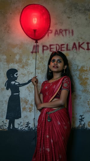 Raw photo of (25yo Kerala Beautiful young woman:1.1) (best quality, highres, ultra-detailed:1.2), vibrant colors, glowing dimond, glowing eyes, realistic Raw photo, realistic lighting, traditional Red saree,  exotic beauty, mesmerizing eyes, girl ,Thrissur,“Photo of a wall in the city. On the wall  we see detailed graffiti with a girl holing a red balloon in the style of Banksy, the graffiti text reads "PATTAPERUKKI".”